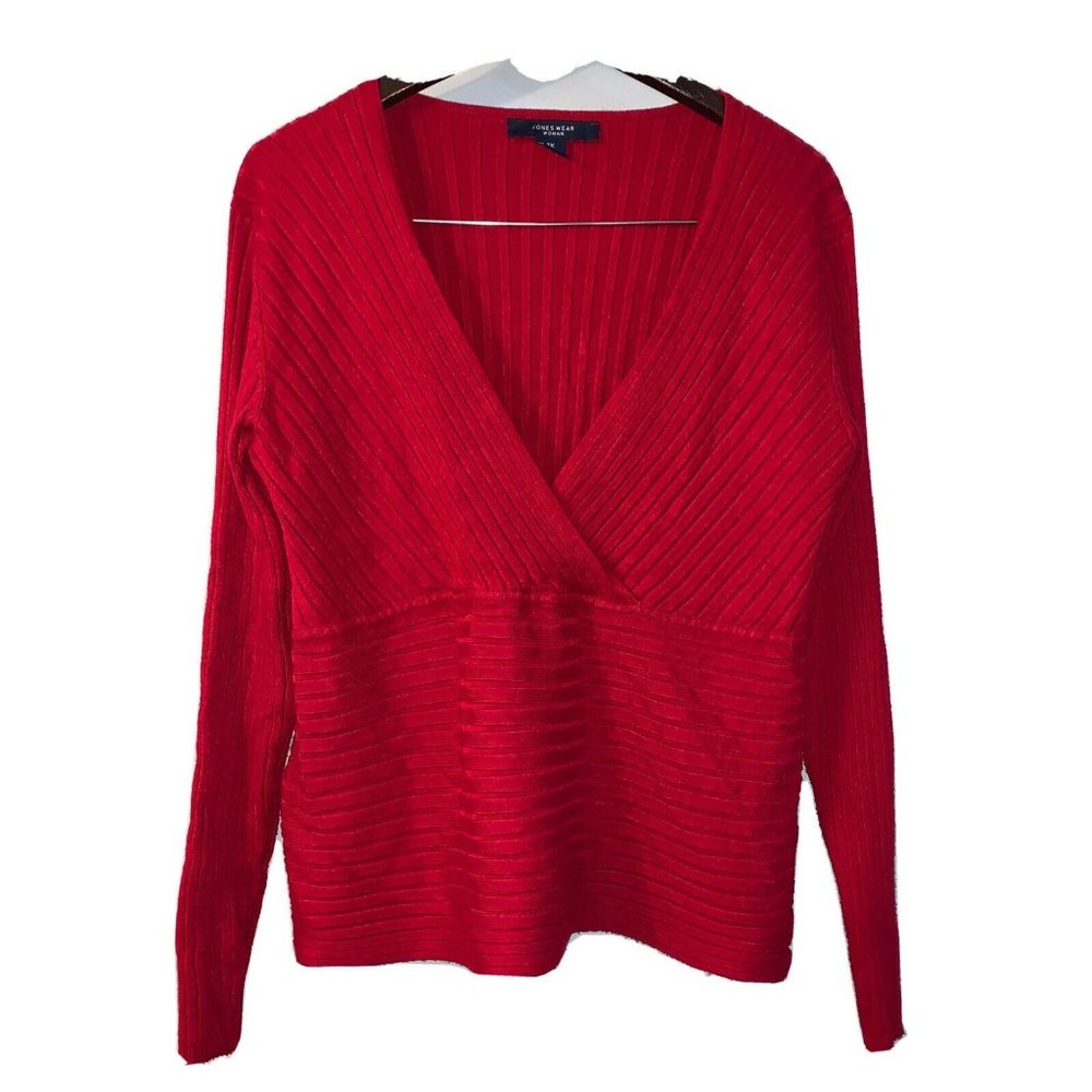 Jones Wear Red V Neck cardigan Ruffle Knit Plaid Lines Top sweater XL